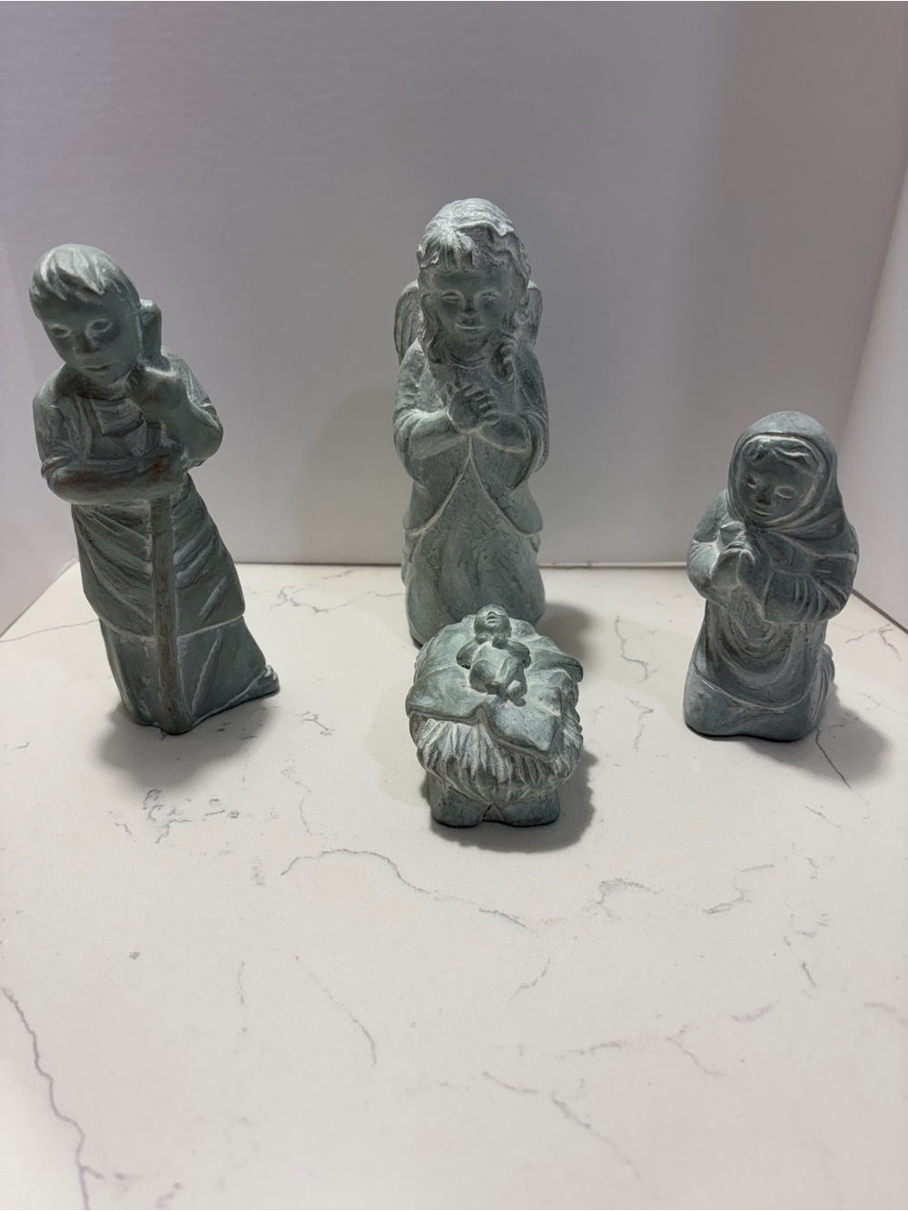 Blue-Green Nativity Figurine Set - Decorative Home Art signed Isabel Bloom